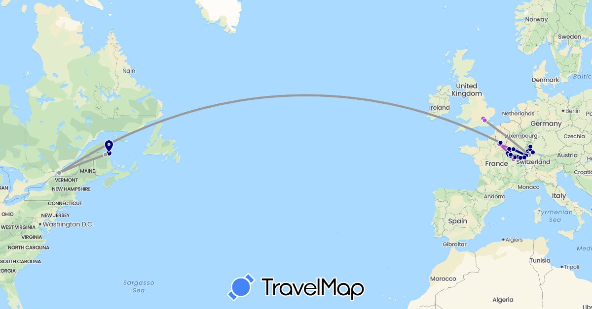 TravelMap itinerary: driving, plane, train in Canada, Switzerland, Germany, France, United Kingdom (Europe, North America)
